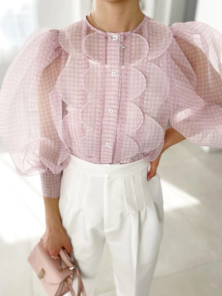 LY VAREY LIN, Летние топы в Японском стиле, Женская Прозрачная милая рубашка с пышными рукавами, Однобортная клетчатая Шифоновая блузка в стиле пэчворк Изображение 2