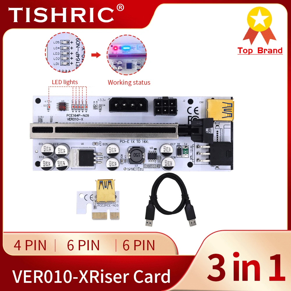 TISHRIC От 1 до 10ШТ Riser 010 010X PCIE Riser PCI Express X16 PCI-E От 1X До 16X Адаптер 6Pin GPU Miner Для Майнинга Riser Для Видеокарты Изображение 0