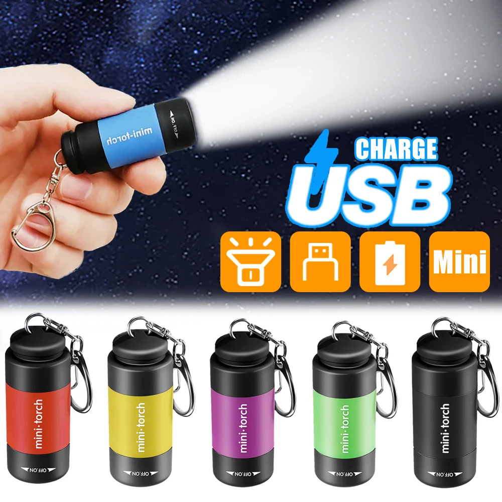 USB Мини-фонарик Портативный брелок-фонарик Светодиодный Перезаряжаемый Карманный Водонепроницаемый Походный фонарь для кемпинга на открытом воздухе Изображение 0