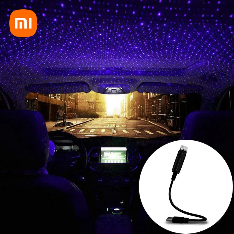 Автомобильный ночник Xiaomi со звездным небом, автоматический потолочный проектор, декоративная лампа в виде звезды, романтическая атмосфера, USB-ночник для крыши автомобиля Изображение 0