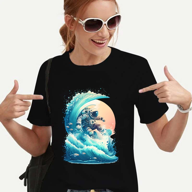Акварельная футболка для серфинга с астронавтами, летние футболки с милым рисунком, уличная одежда в стиле хип-хоп, Y2k, топ в стиле гранж, женская одежда, графические футболки Изображение 1