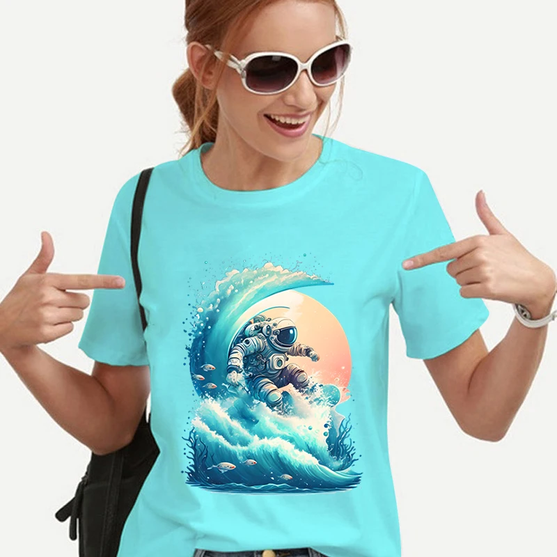Акварельная футболка для серфинга с астронавтами, летние футболки с милым рисунком, уличная одежда в стиле хип-хоп, Y2k, топ в стиле гранж, женская одежда, графические футболки Изображение 5