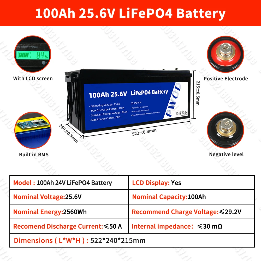 Аккумуляторная Батарея Lifepo4 24V 100AH Встроенный Литий-железофосфатный элемент Класса A BMS С ЖК-дисплеем Для Домашнего Хранения энергии Гольф-карт Изображение 2