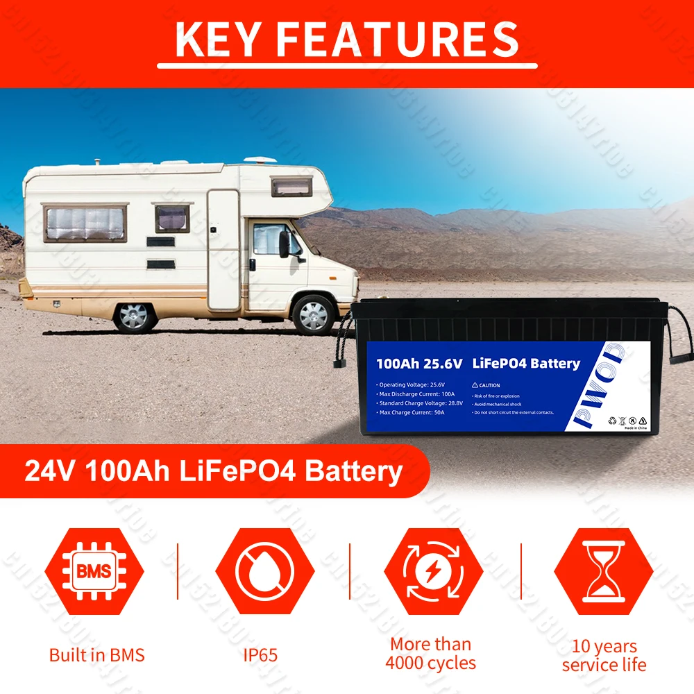 Аккумуляторная Батарея Lifepo4 24V 100AH Встроенный Литий-железофосфатный элемент Класса A BMS С ЖК-дисплеем Для Домашнего Хранения энергии Гольф-карт Изображение 5