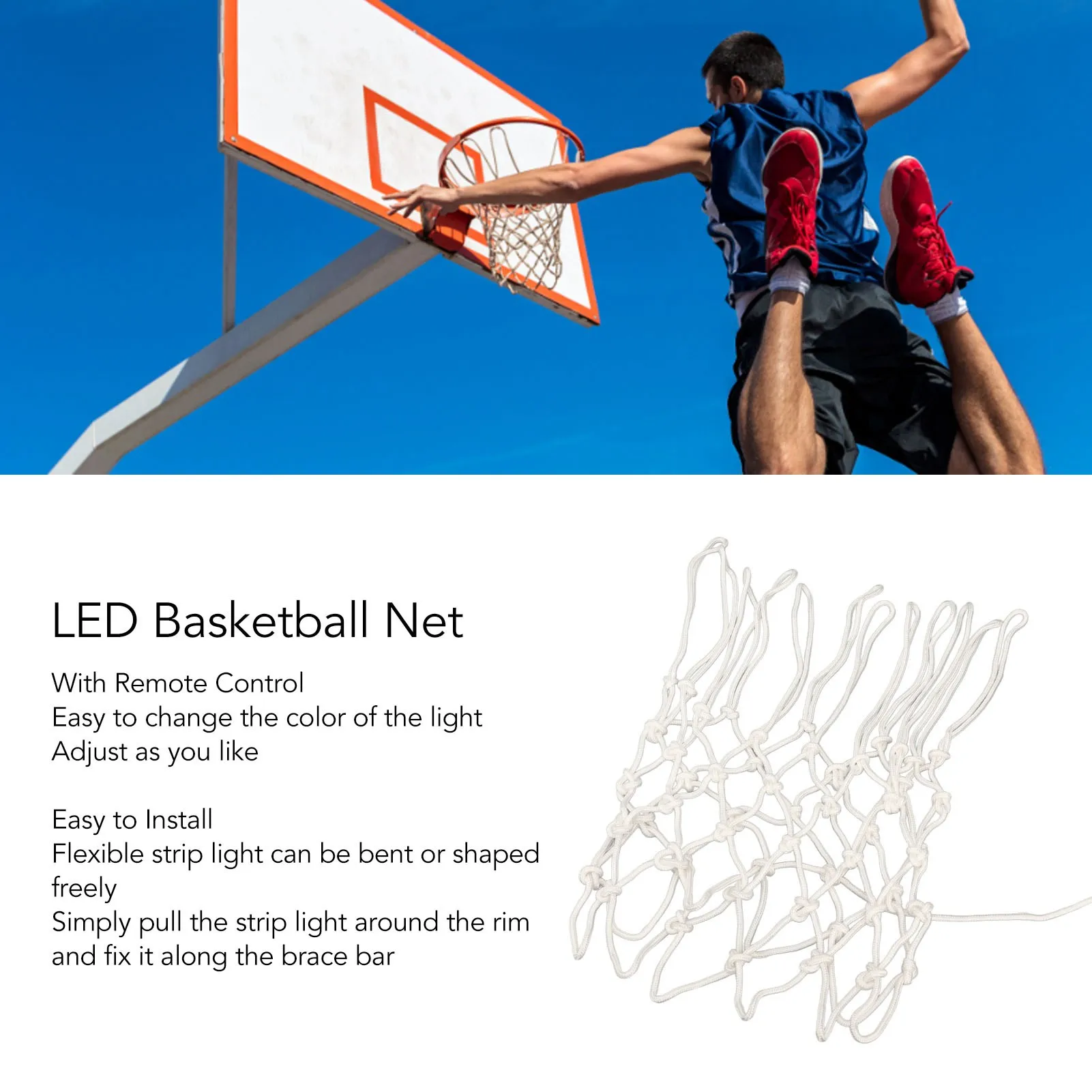 Баскетбольная сетка, легкая Гибкая светодиодная баскетбольная сетка, пульт дистанционного управления для ночного использования на открытом воздухе Изображение 3
