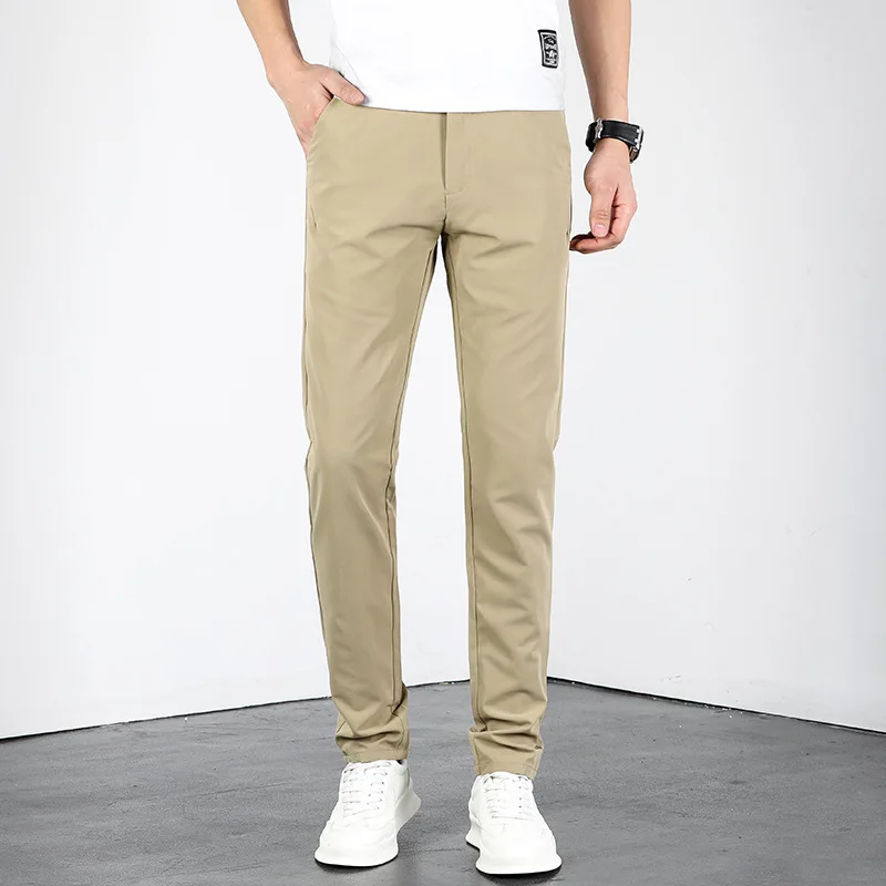 Весенне-летние новые эластичные дышащие мужские повседневные брюки Slim Fit, модные прямые брюки из нетканых материалов Изображение 2