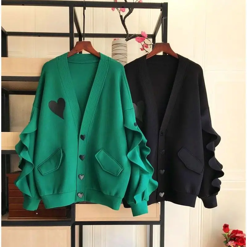 Весенняя куртка большого размера весом 150 кг, женское пальто с сердечком, куртка с длинным рукавом и пуговицами, женские топы черного и зеленого цветов Изображение 1