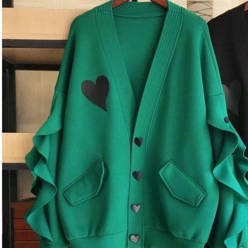 Весенняя куртка большого размера весом 150 кг, женское пальто с сердечком, куртка с длинным рукавом и пуговицами, женские топы черного и зеленого цветов Изображение 3