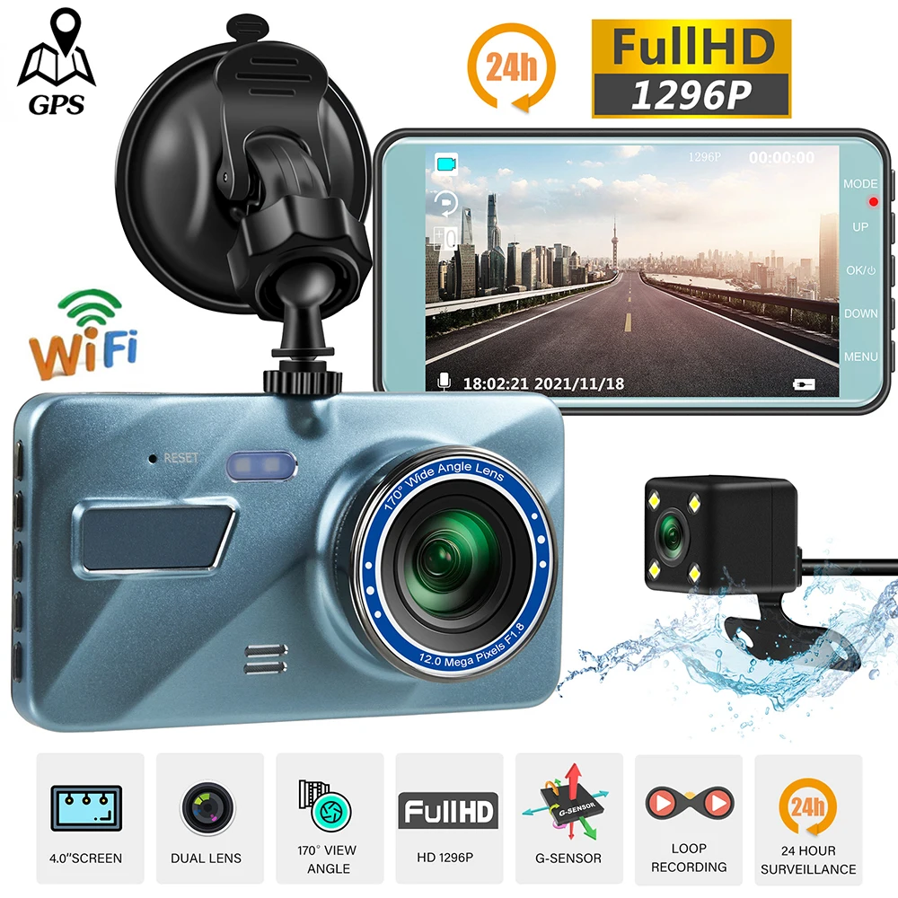 Видеорегистратор WiFi Full HD 1080P Автомобильный видеорегистратор заднего вида, камера заднего вида, Видеомагнитофон, камера ночного видения, GPS-трекер, Черный ящик Изображение 0