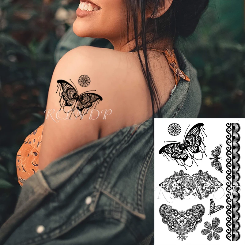 Водонепроницаемая временная татуировка Наклейка тату черный сексуальный кружевной чулок бабочка флэш тату поддельные татуировки для девушек женщин Изображение 0