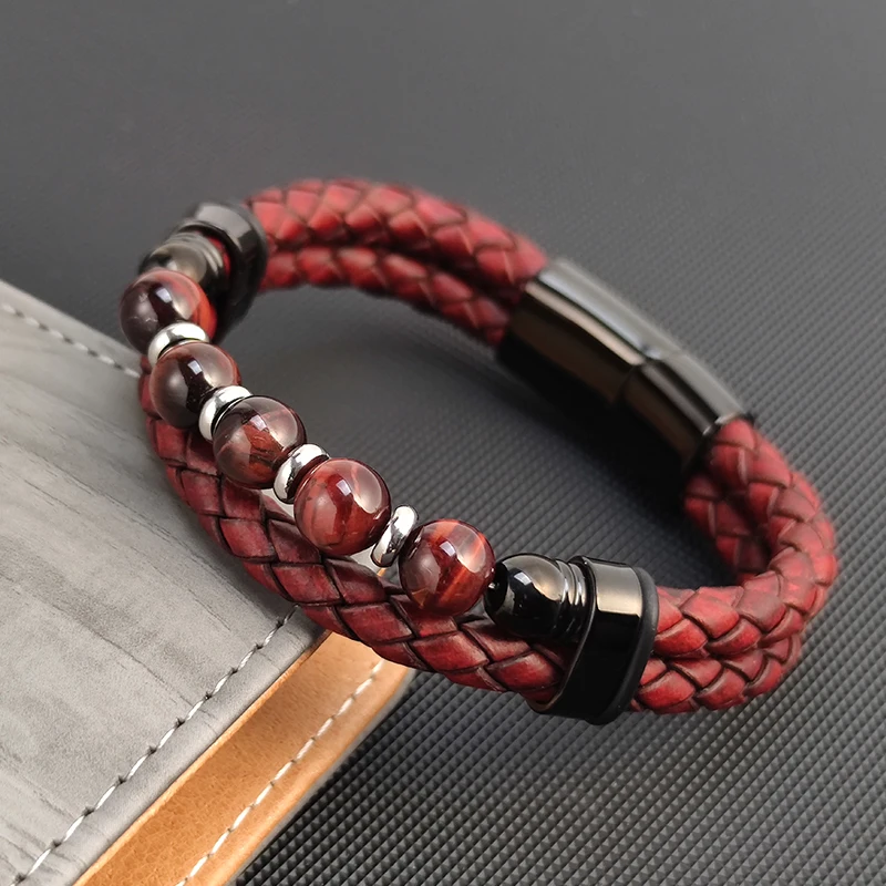 Высококачественный многослойный плетеный кожаный браслет из веревки, мужские браслеты из нержавеющей стали с красным натуральным камнем, женские ювелирные изделия-шармы Изображение 0