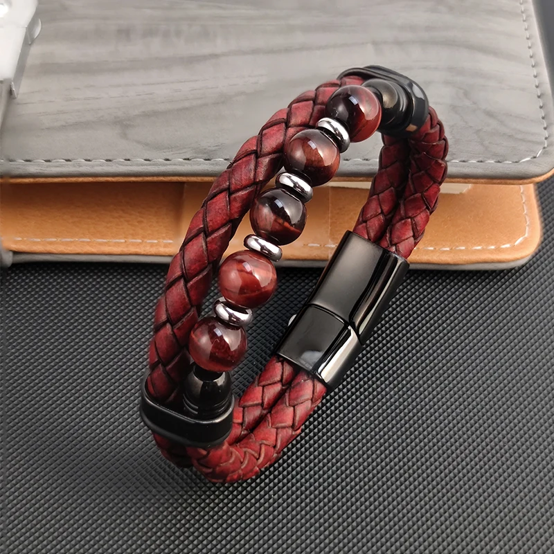 Высококачественный многослойный плетеный кожаный браслет из веревки, мужские браслеты из нержавеющей стали с красным натуральным камнем, женские ювелирные изделия-шармы Изображение 1