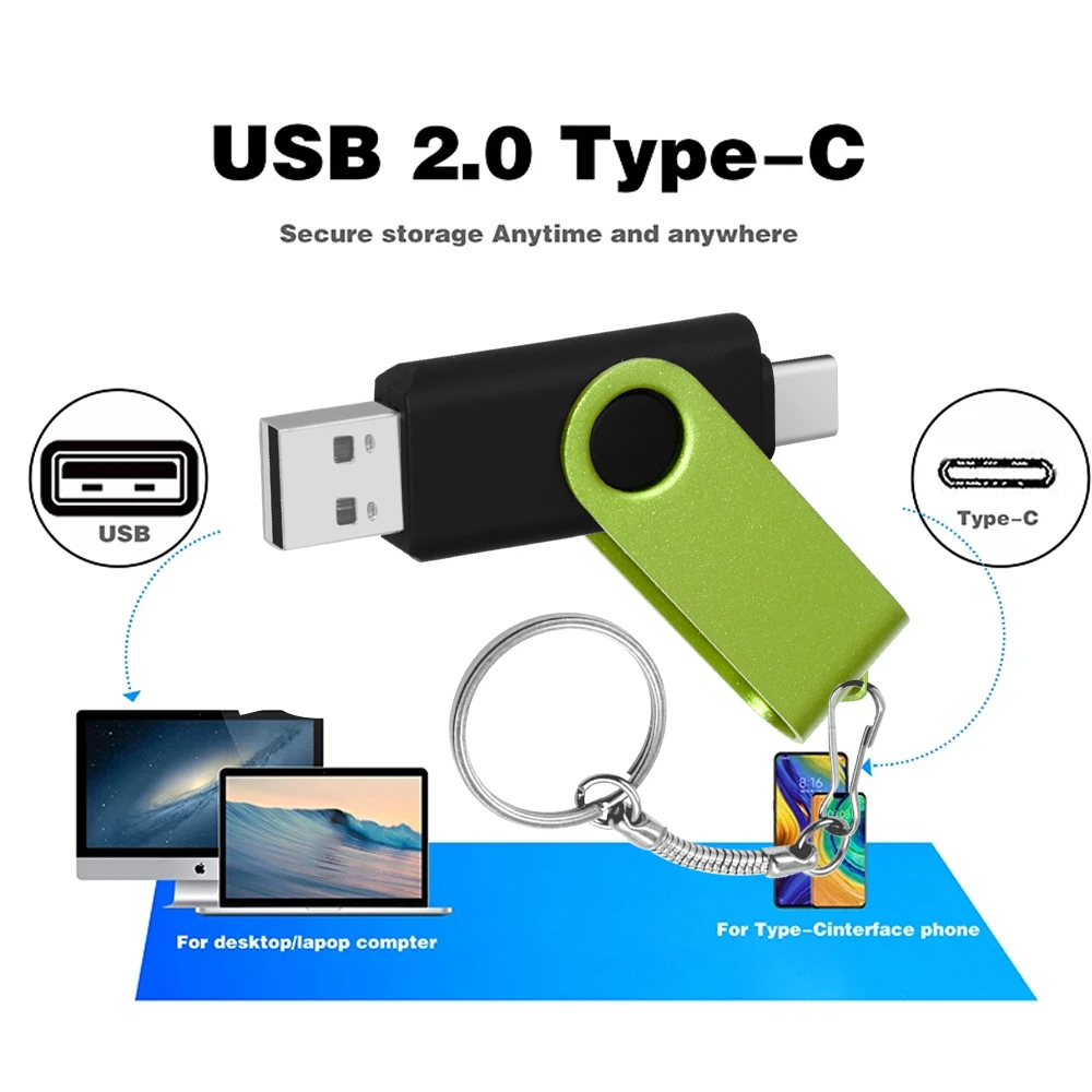 Высокоскоростные 2 В 1 Флэш-накопители Type-C USB 2.0 Флешки usb-ключ OTG USB Флэш-накопитель 64 ГБ 32 ГБ 16 ГБ 128 ГБ Драйвер ручки Cle USB Изображение 2