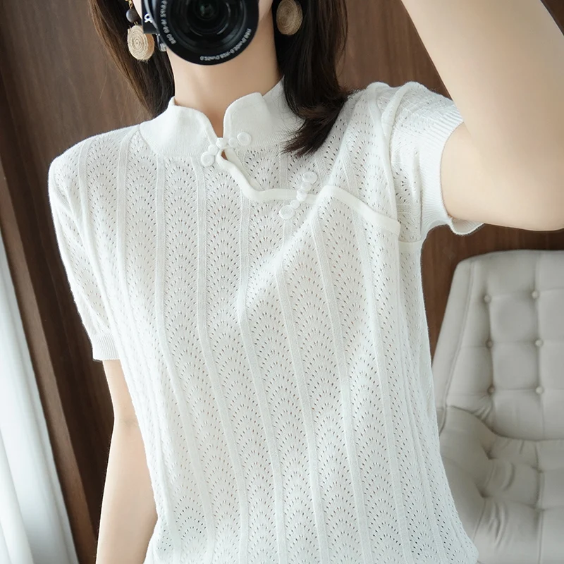 Дизайн женской летней трикотажной нижней рубашки с короткими рукавами, воротником Чонсам и хлопчатобумажной нитью Изображение 4