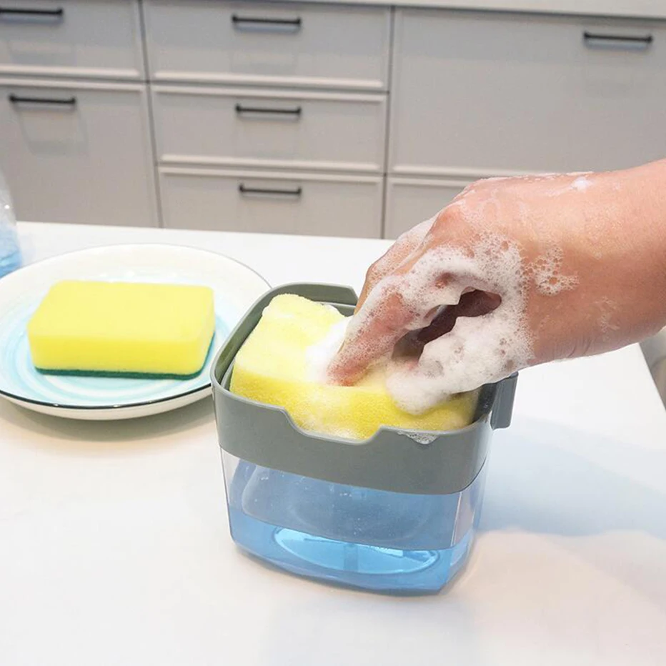 Дозатор мыла с насосом 2-в-1, Ящик для хранения губки для мыла для посуды, дозатор мыла для чистых рук для кухни и ванной комнаты Изображение 1
