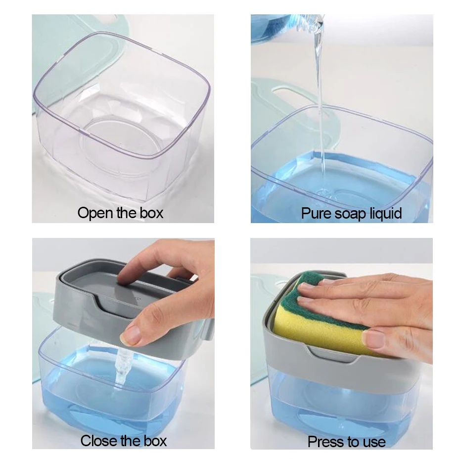Дозатор мыла с насосом 2-в-1, Ящик для хранения губки для мыла для посуды, дозатор мыла для чистых рук для кухни и ванной комнаты Изображение 5