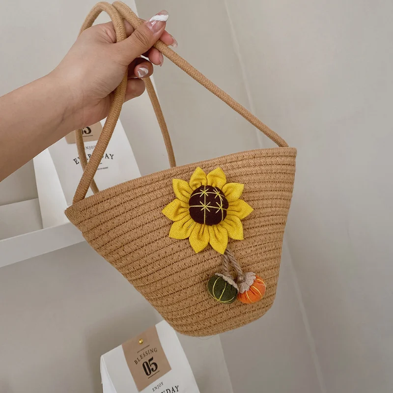 Женская плетеная сумка с цветочным узором, пляжный отдых, мессенджер на одно плечо, соломенная сумка ручной работы, летняя сторона для дам Изображение 4