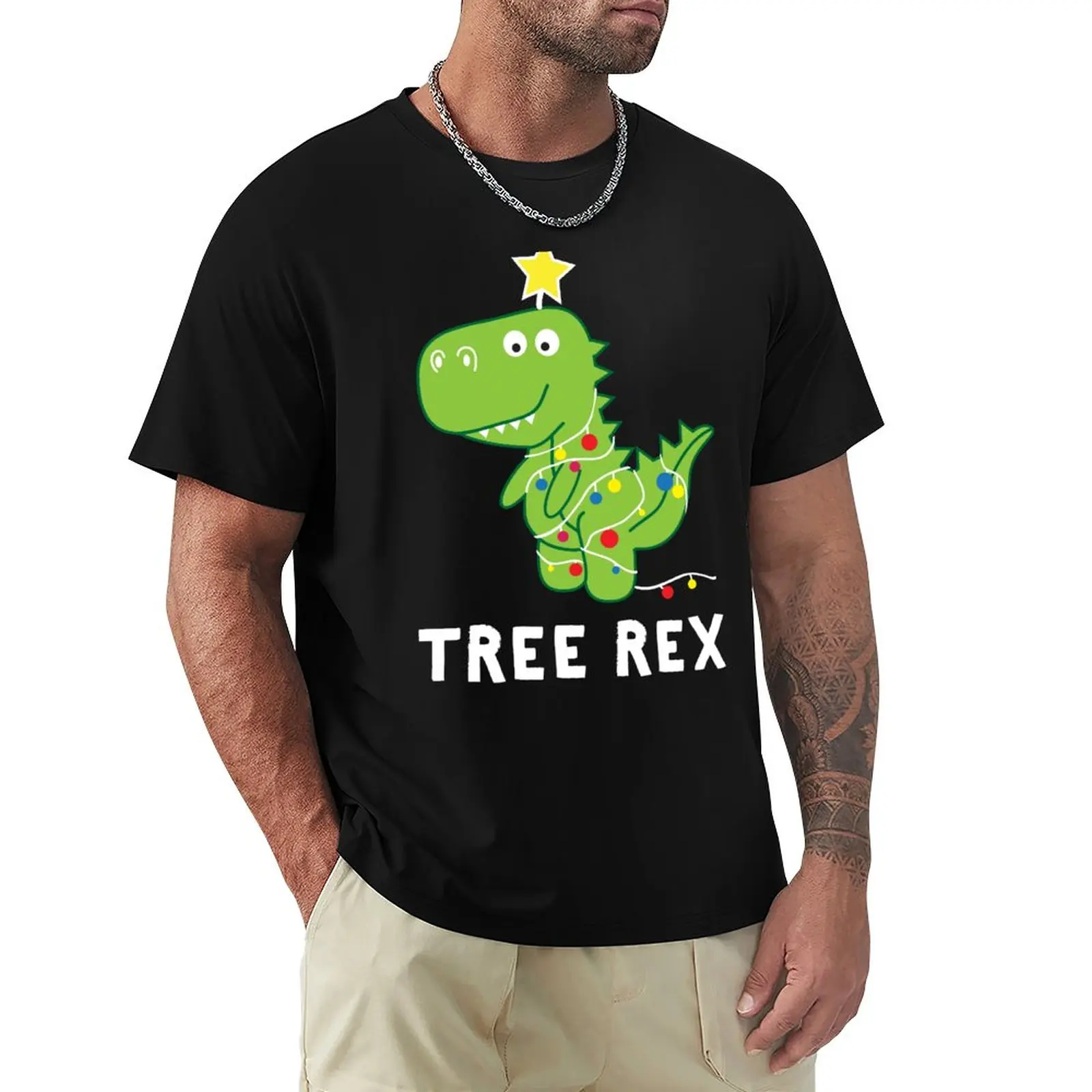 Забавная рождественская футболка с динозавром Tree Rex, топы, футболки с графическим рисунком, мужские футболки с графическим рисунком в стиле хип-хоп Изображение 0