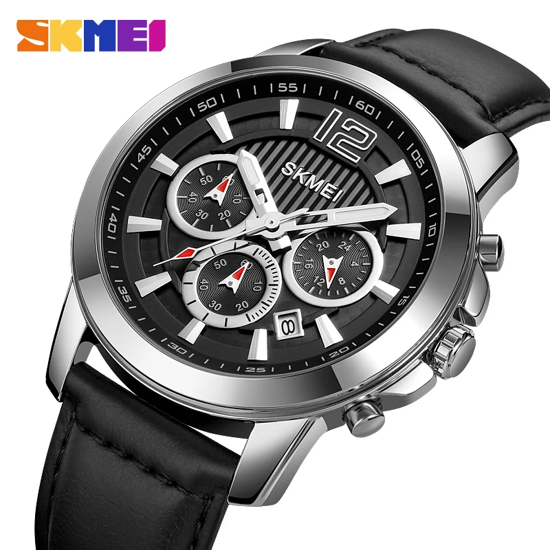 Кварцевые часы SKMEI от ведущего бренда, модные роскошные кожаные мужские наручные часы, оригинальный кварцевый механизм, простой циферблат с секундомером и датой. Изображение 0