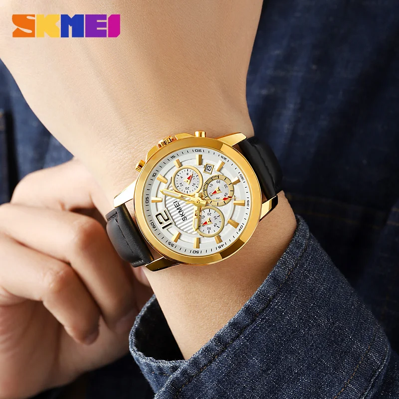 Кварцевые часы SKMEI от ведущего бренда, модные роскошные кожаные мужские наручные часы, оригинальный кварцевый механизм, простой циферблат с секундомером и датой. Изображение 1