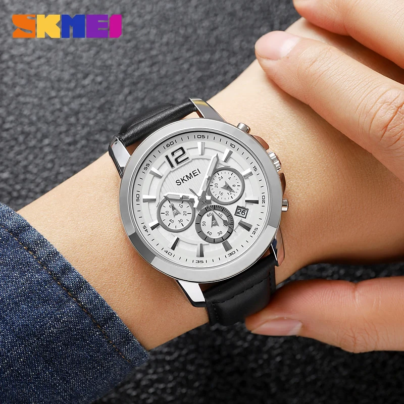 Кварцевые часы SKMEI от ведущего бренда, модные роскошные кожаные мужские наручные часы, оригинальный кварцевый механизм, простой циферблат с секундомером и датой. Изображение 2