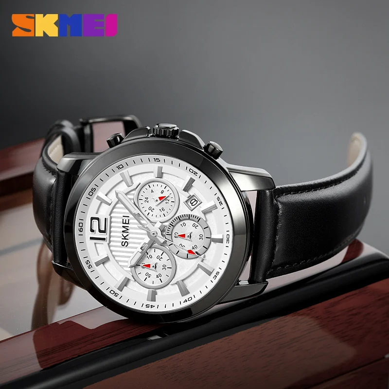 Кварцевые часы SKMEI от ведущего бренда, модные роскошные кожаные мужские наручные часы, оригинальный кварцевый механизм, простой циферблат с секундомером и датой. Изображение 3