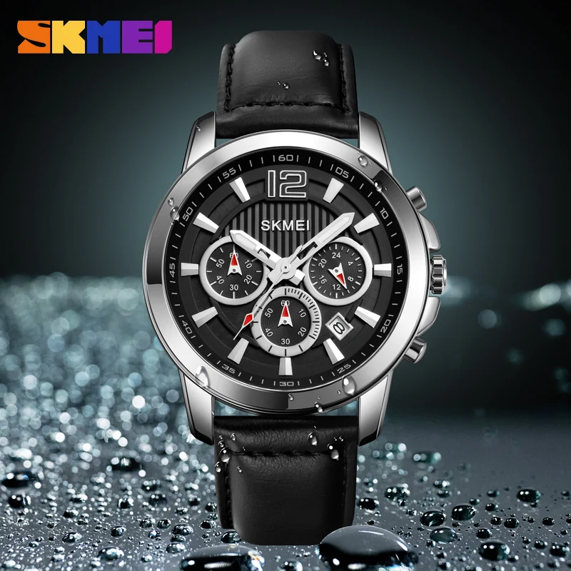 Кварцевые часы SKMEI от ведущего бренда, модные роскошные кожаные мужские наручные часы, оригинальный кварцевый механизм, простой циферблат с секундомером и датой. Изображение 4