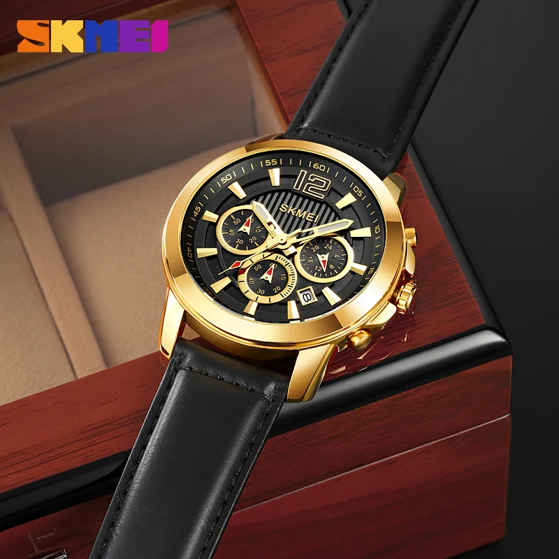 Кварцевые часы SKMEI от ведущего бренда, модные роскошные кожаные мужские наручные часы, оригинальный кварцевый механизм, простой циферблат с секундомером и датой. Изображение 5