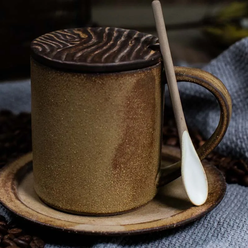 Керамический набор кофейных чашек и блюдец ручной работы в японском стиле в стиле ретро, художественная чашка, керамическая кофейная чашка ручной работы с крышкой Изображение 0