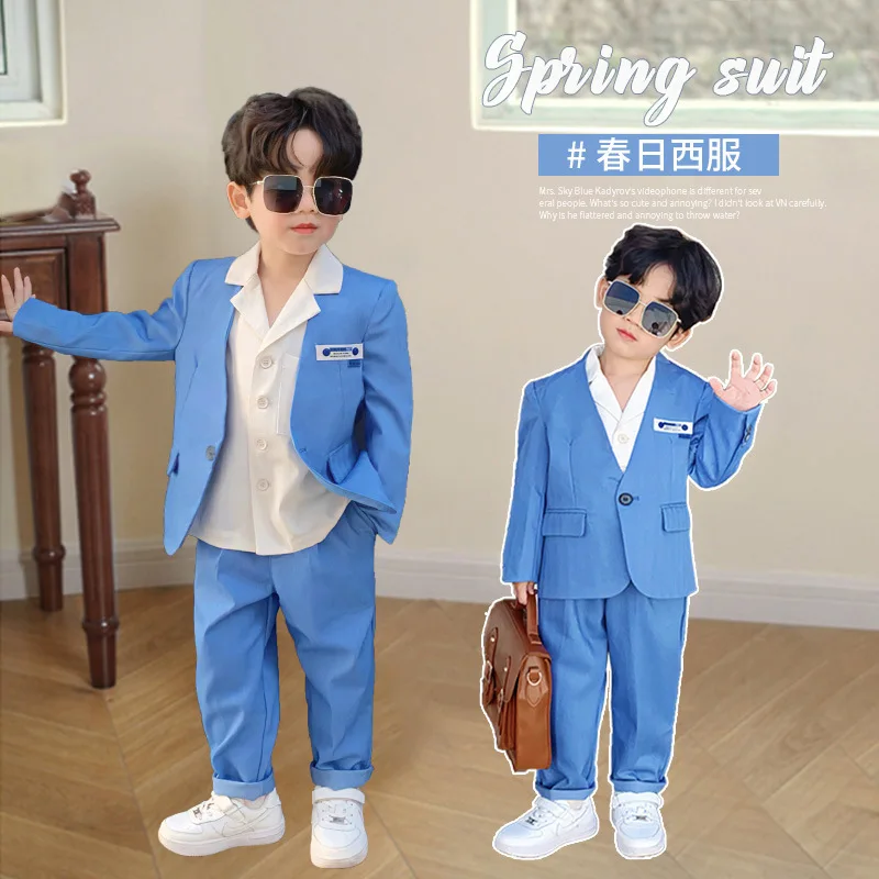 Комплект синего костюма для мальчиков на весну 2023 года, детское Корейское платье, праздничный костюм для выступлений, детские модные куртки, брюки, одежда из 2 предметов Изображение 0