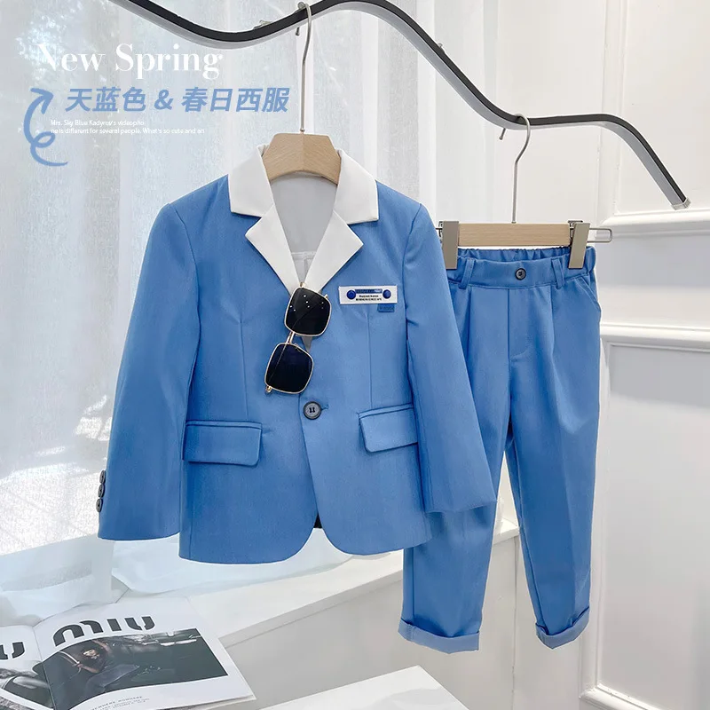 Комплект синего костюма для мальчиков на весну 2023 года, детское Корейское платье, праздничный костюм для выступлений, детские модные куртки, брюки, одежда из 2 предметов Изображение 3