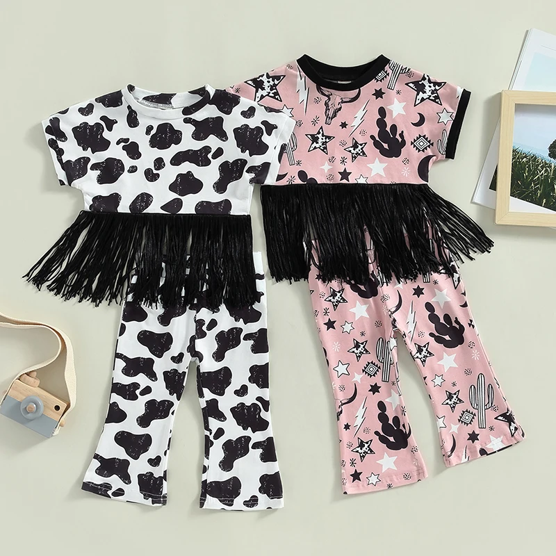 Комплекты одежды для девочек, Летняя одежда для маленьких девочек, Футболка с короткими рукавами и кисточками с принтом коровы + брюки, костюм для девочек, детская одежда Изображение 0