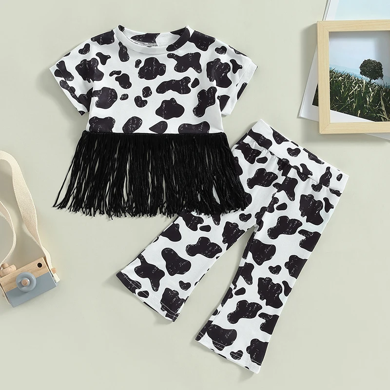 Комплекты одежды для девочек, Летняя одежда для маленьких девочек, Футболка с короткими рукавами и кисточками с принтом коровы + брюки, костюм для девочек, детская одежда Изображение 5