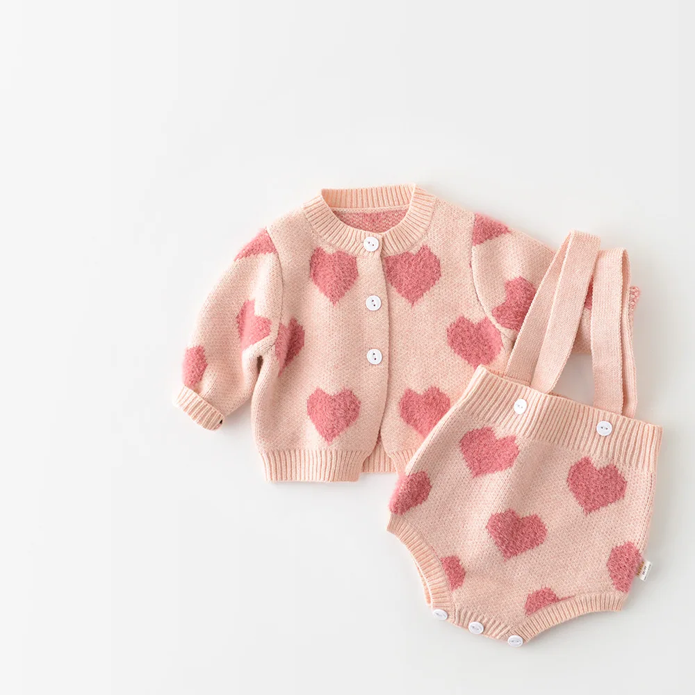 Корейская жаккардовая куртка Love для маленьких девочек с треугольным свитером в виде лианы, комплект из двух предметов, мягкая Детская одежда для маленьких мальчиков, комплекты юбок для девочек Изображение 4