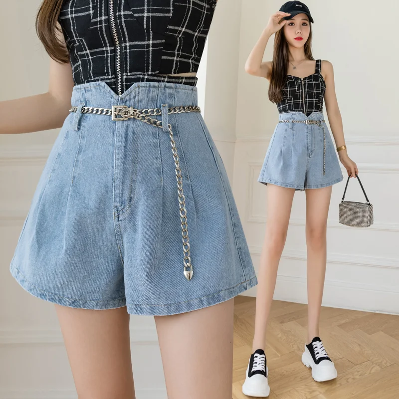 Корейская летняя модель с завышенной талией и тонкой цепочкой с широкими джинсовыми шортами свободного покроя для женщин с широкими штанинами для похудения Изображение 0