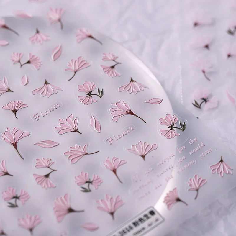 Красивый Цветущий Розовый цветок Магнолии 5D С мягким рельефным тиснением, Самоклеящаяся наклейка для украшения ногтей, 3D наклейка для маникюра, сделай сам Изображение 1