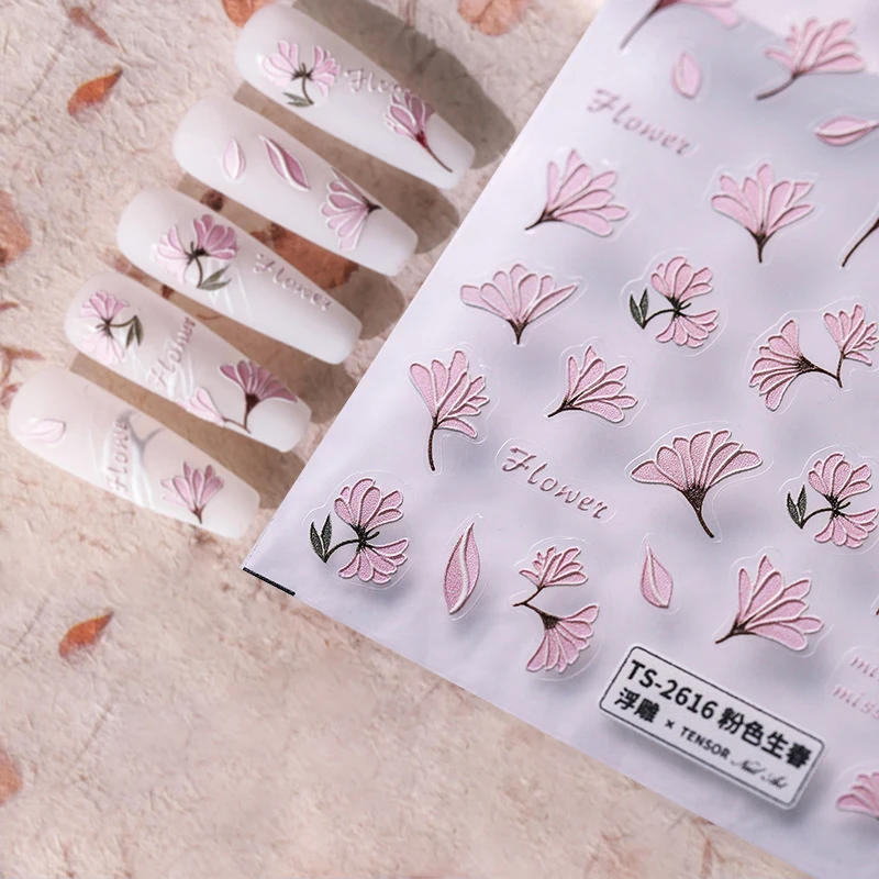 Красивый Цветущий Розовый цветок Магнолии 5D С мягким рельефным тиснением, Самоклеящаяся наклейка для украшения ногтей, 3D наклейка для маникюра, сделай сам Изображение 2