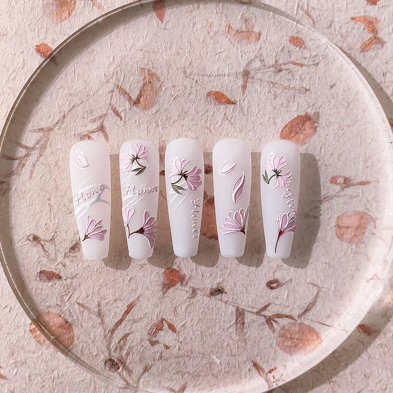 Красивый Цветущий Розовый цветок Магнолии 5D С мягким рельефным тиснением, Самоклеящаяся наклейка для украшения ногтей, 3D наклейка для маникюра, сделай сам Изображение 3
