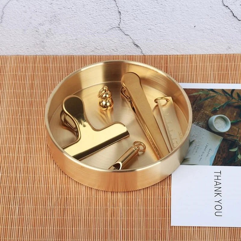 Круглый металлический поднос в стиле ретро из чистой меди, коробка для коллекции золотых украшений, латунная посуда Изображение 4