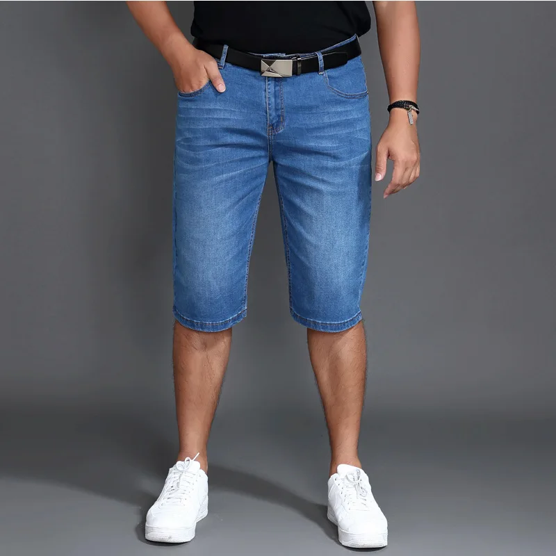 Летние джинсовые шорты большого размера, светло-голубые эластичные брюки с пятью разрезами, средние брюки, мужские брюки большого размера 48 46 44 Изображение 0