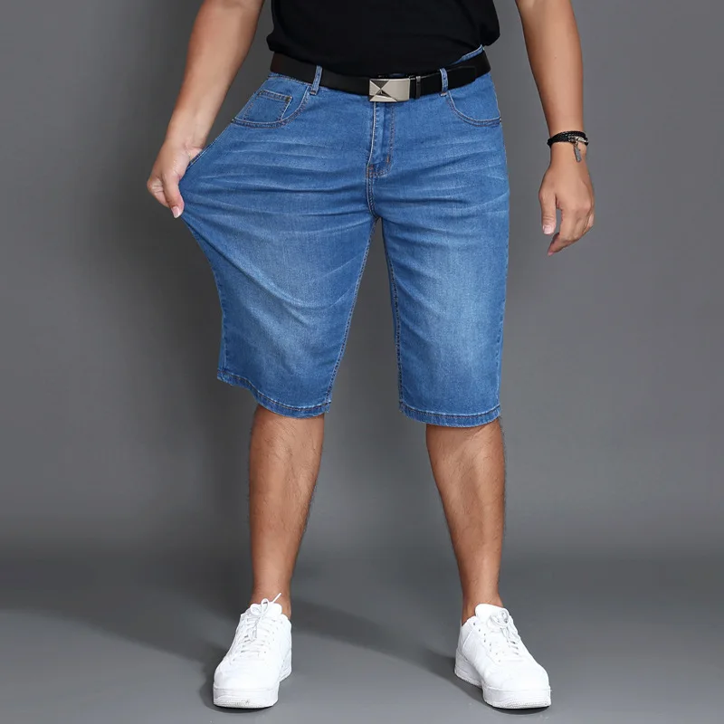 Летние джинсовые шорты большого размера, светло-голубые эластичные брюки с пятью разрезами, средние брюки, мужские брюки большого размера 48 46 44 Изображение 1