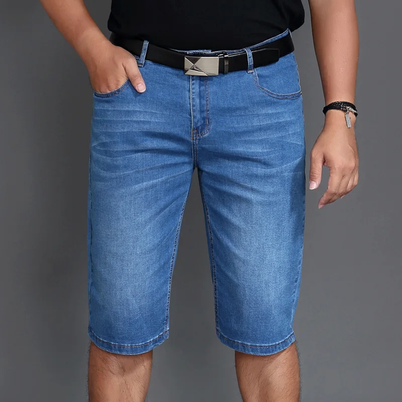 Летние джинсовые шорты большого размера, светло-голубые эластичные брюки с пятью разрезами, средние брюки, мужские брюки большого размера 48 46 44 Изображение 2