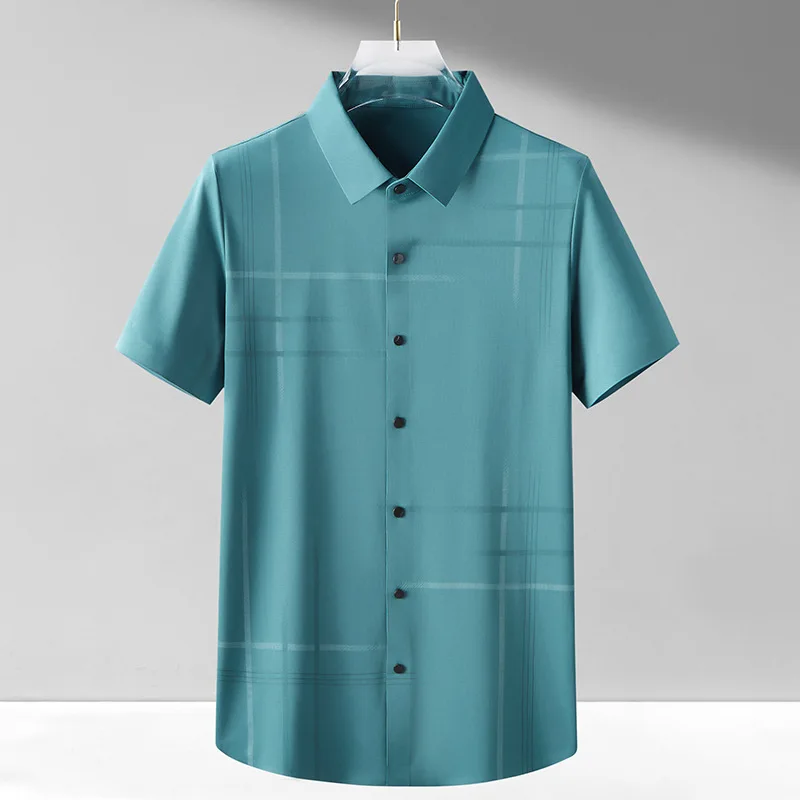Летняя новая эластичная рубашка без застежки с короткими рукавами, мужская облегающая рабочая рубашка без глажки, Мужская деловая рубашка в клетку Изображение 3