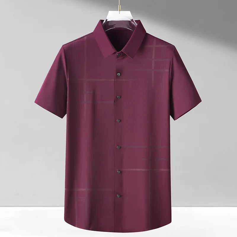 Летняя новая эластичная рубашка без застежки с короткими рукавами, мужская облегающая рабочая рубашка без глажки, Мужская деловая рубашка в клетку Изображение 4