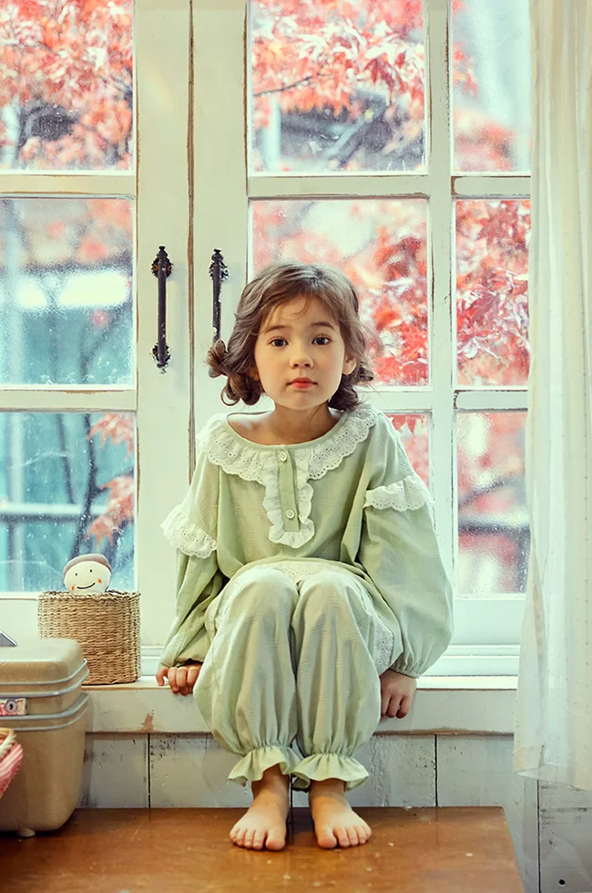 Милые Детские пижамные комплекты из хлопка мятно-зеленого цвета.Пижамный комплект с рюшами для малышей, одежда для сна для девочек и мальчиков.Детская одежда Изображение 1