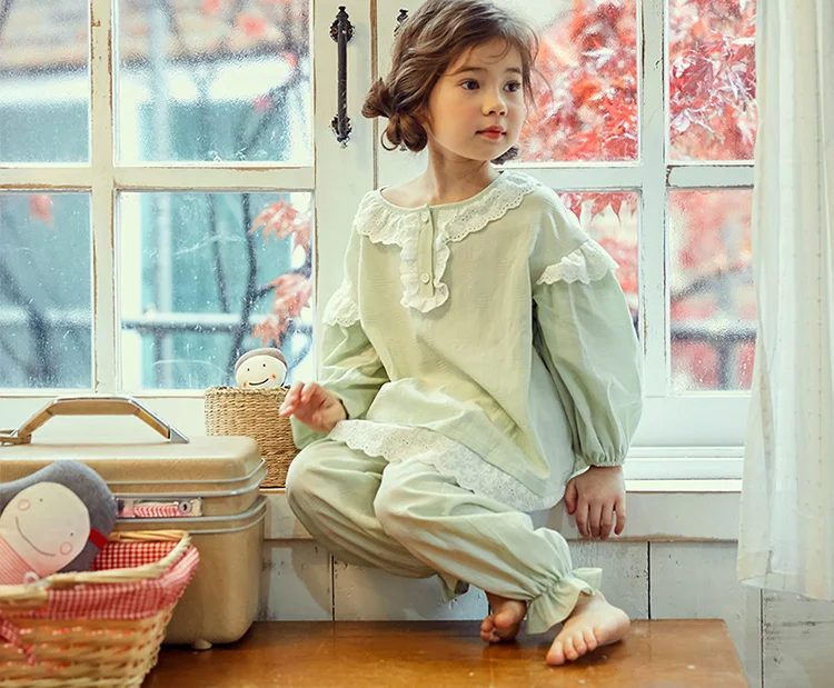 Милые Детские пижамные комплекты из хлопка мятно-зеленого цвета.Пижамный комплект с рюшами для малышей, одежда для сна для девочек и мальчиков.Детская одежда Изображение 4
