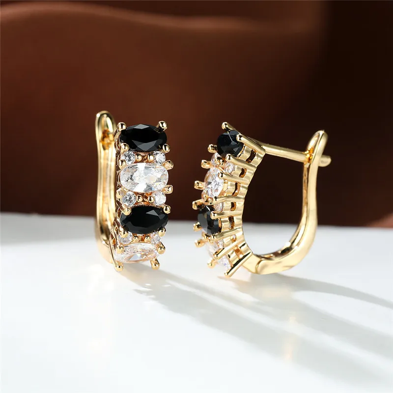 Милые черно-белые серьги-кольца с цирконом, женские роскошные Хрустальные серьги с овальным камнем, свадебные серьги цвета розового золота для женщин Изображение 0
