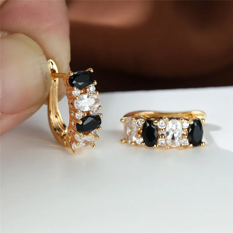 Милые черно-белые серьги-кольца с цирконом, женские роскошные Хрустальные серьги с овальным камнем, свадебные серьги цвета розового золота для женщин Изображение 2