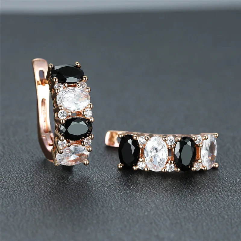 Милые черно-белые серьги-кольца с цирконом, женские роскошные Хрустальные серьги с овальным камнем, свадебные серьги цвета розового золота для женщин Изображение 5