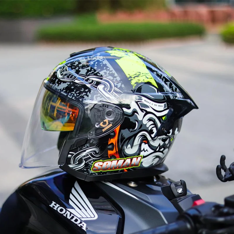 Мода Soman Половина Шлема Мотоциклетный 3/4 Открытое Лицо Мото Двойной Козырек Шлем Для Мотокросса Мотоцикл Езда Теплый Cascos De Moto Para Изображение 1
